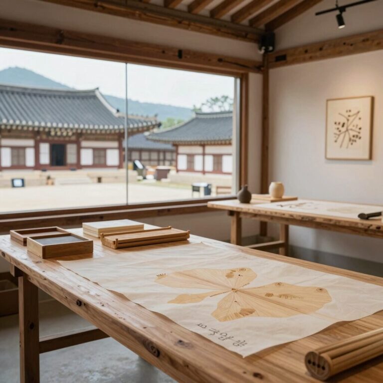 백승일씨의 홍주 작업실 내부 전경. 한지와 나무로 만든 작품들이 전시되어 있고 창문 너머로 홍주성이 보인다.