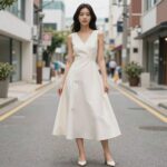 바스락 소재의 캉캉 롱 원피스가 모델에게 착용된 모습