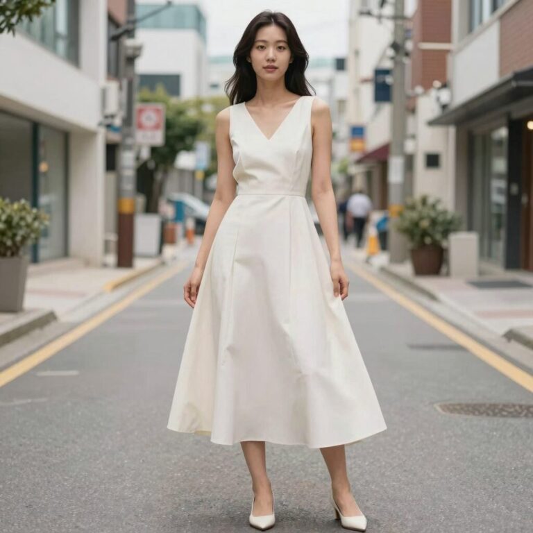 바스락 소재의 캉캉 롱 원피스가 모델에게 착용된 모습