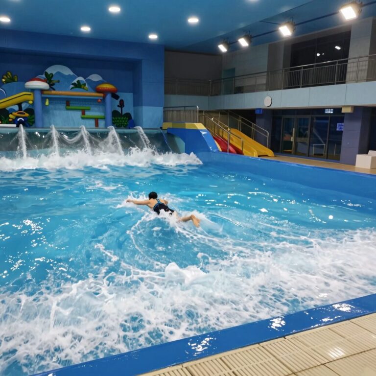 블루원 워터파크 실내 웨이브풀 전경, 파도가 일고 있는 모습