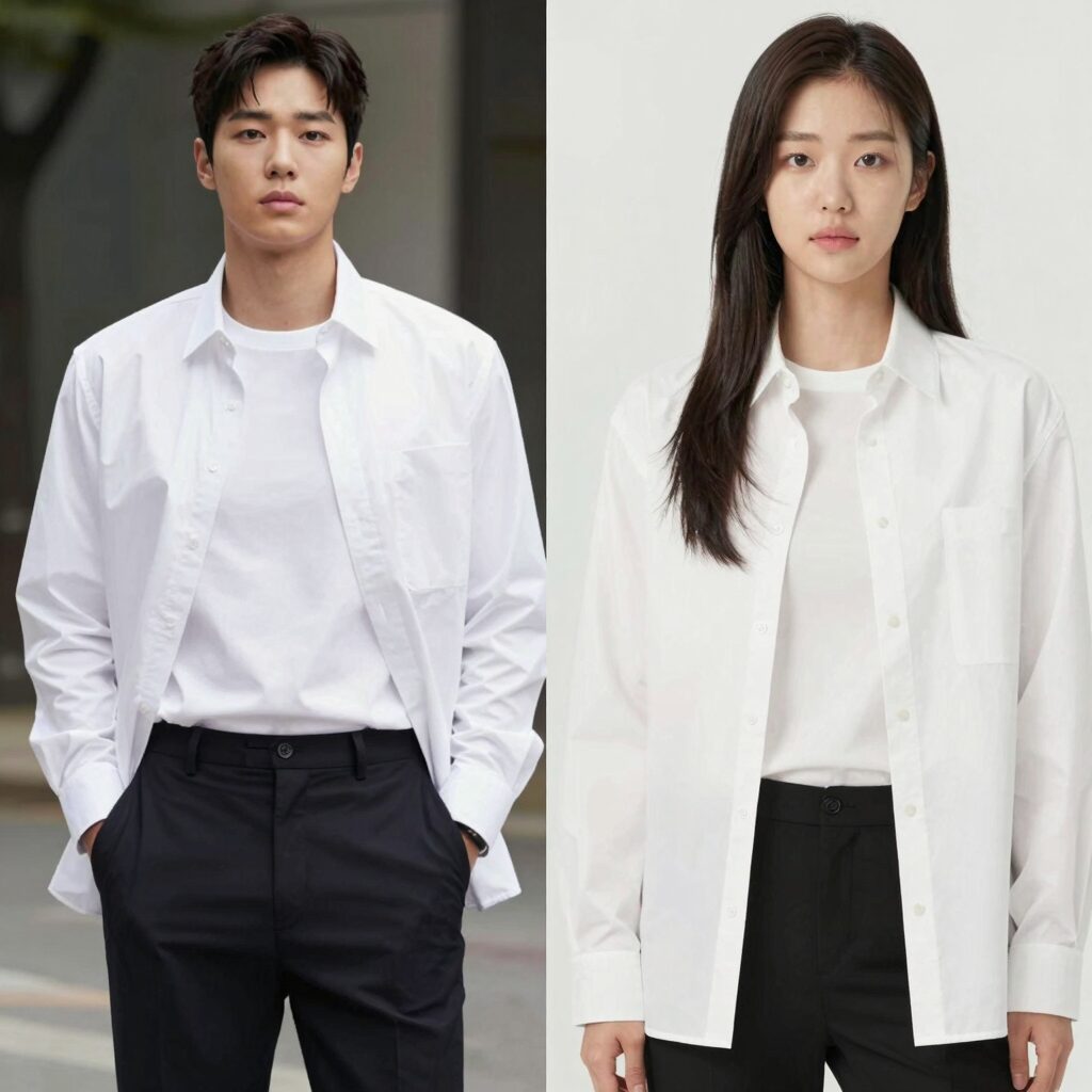 버버리 화이트 카라티를 입은 손연재와 김나영의 스타일링 비교 사진