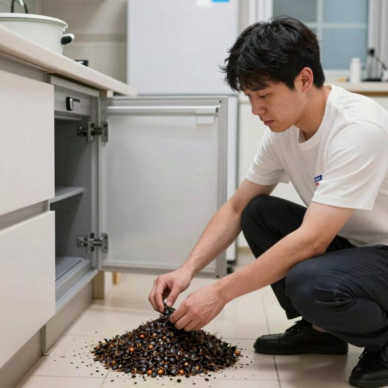 세스코 바퀴벌레 방제 전문가가 주방 하부장을 점검하는 모습