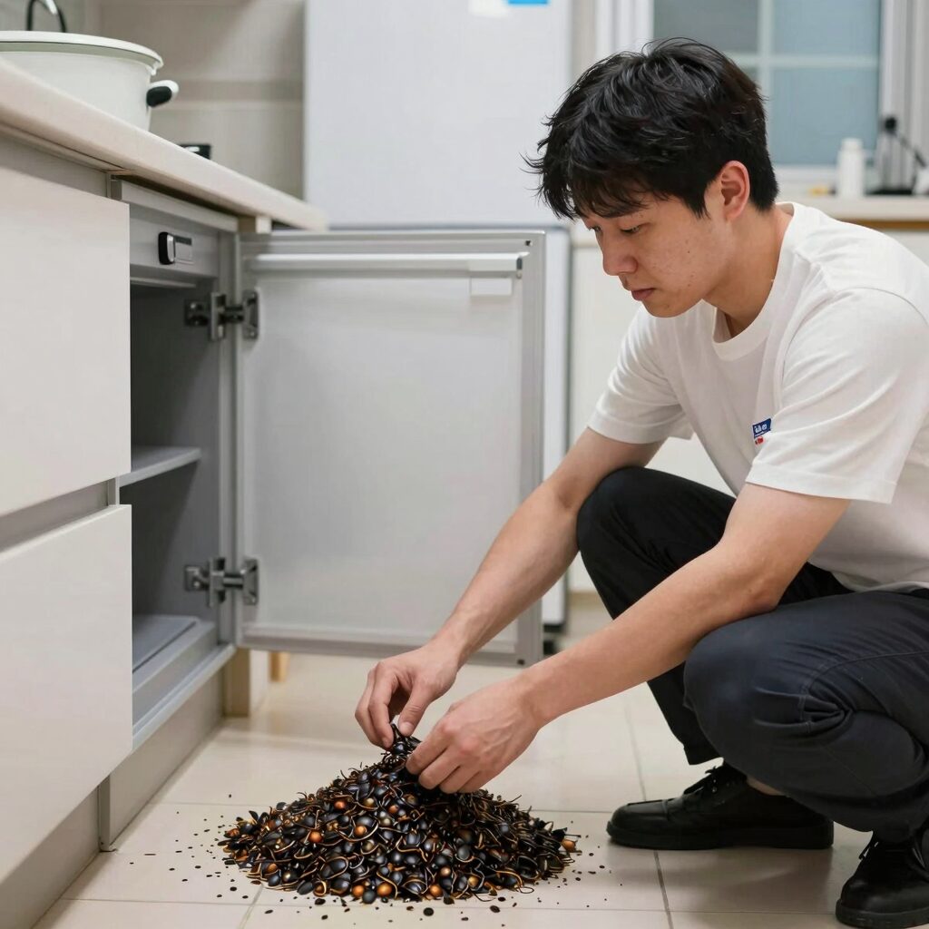 세스코 바퀴벌레 방제 전문가가 주방 하부장을 점검하는 모습
