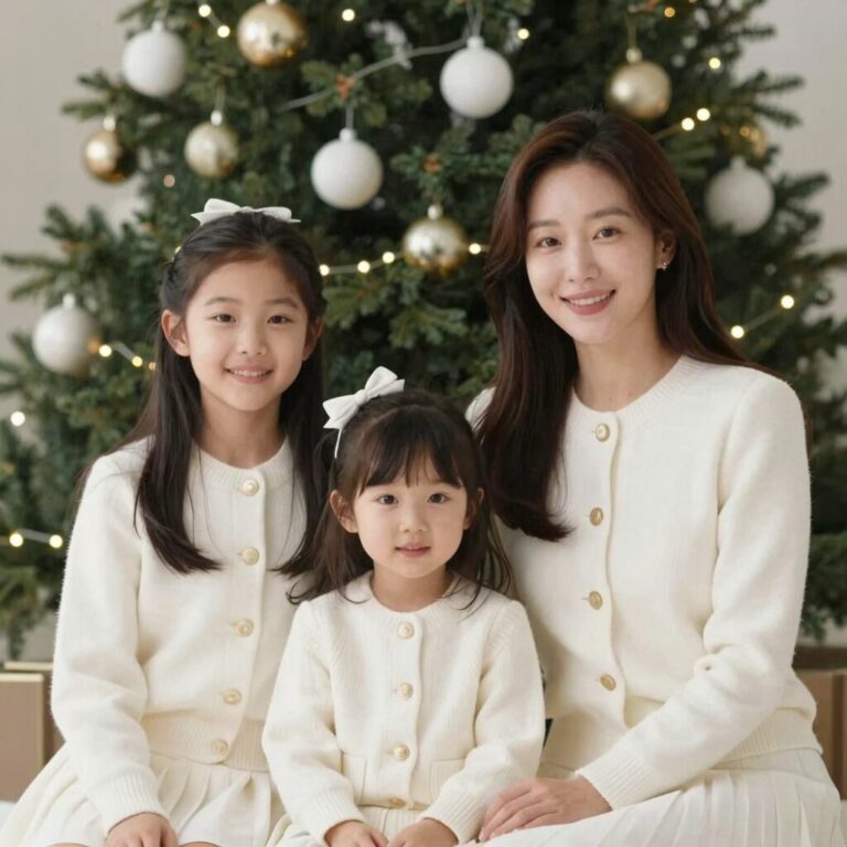 차예린 아나운서가 두 딸과 함께 순백의 시밀러룩을 입고 따뜻하게 웃고 있는 가족사진. 크리스마스트리 배경에서 포근한 분위기.