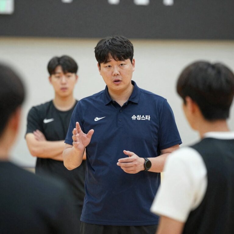 최용수 감독이 슈팅스타 훈련장에서 선수들에게 전술 지시를 내리는 모습. 진지한 표정과 함께 열정이 느껴진다.