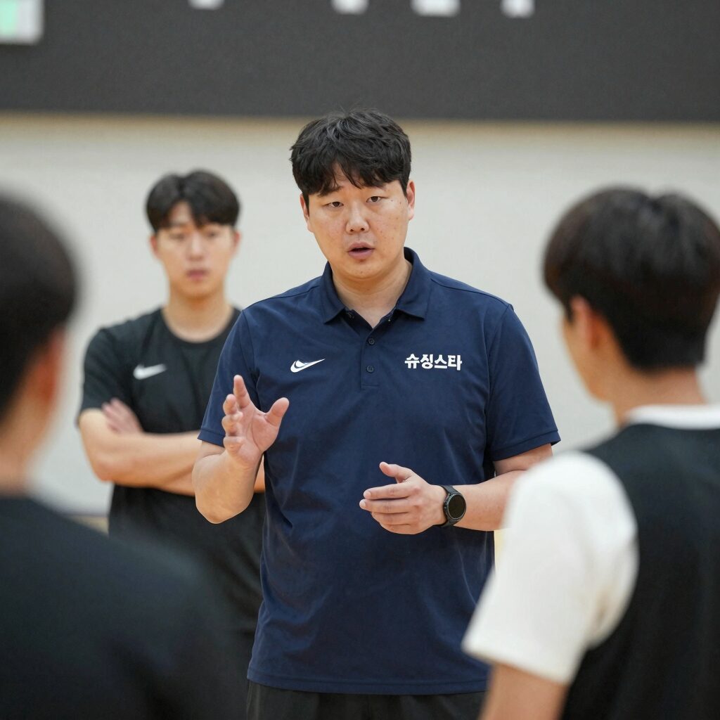 최용수 감독이 슈팅스타 훈련장에서 선수들에게 전술 지시를 내리는 모습. 진지한 표정과 함께 열정이 느껴진다.