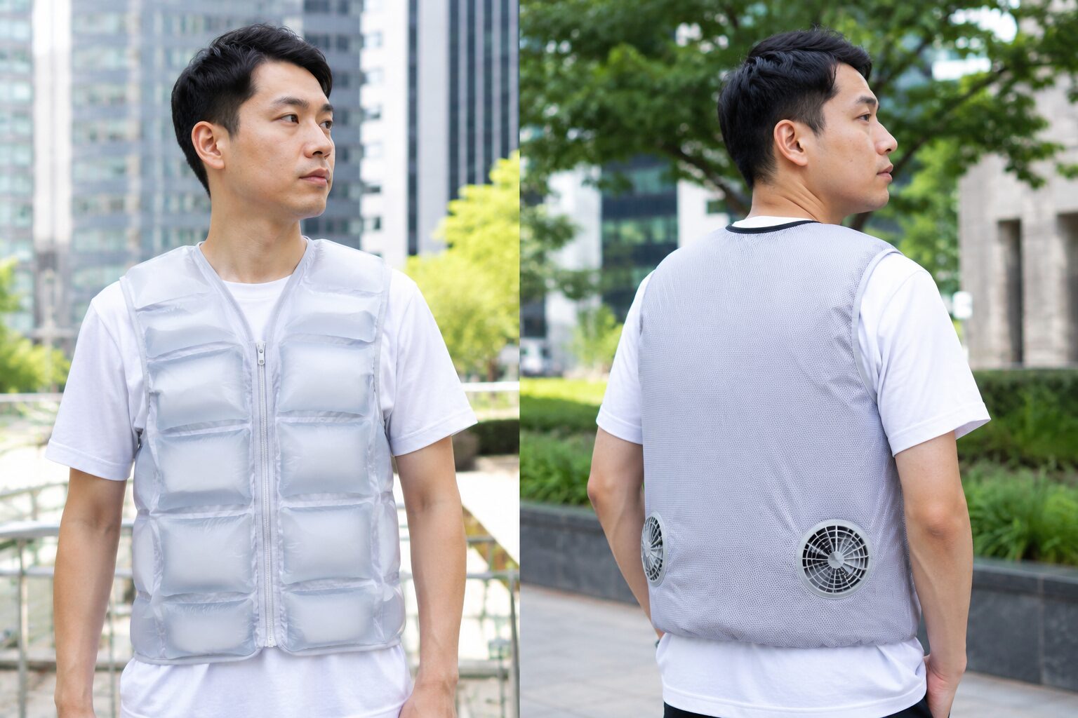 쿨조끼 착용 모습 비교 사진  아이스팩 방식과 선풍기 방식의 차이를 보여줌