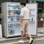냉장고 바지 제대로 알기 여름철 시원한 냉장고 바지를 입은 남성이 밝은 베이지색 와이드핏 바지를 입고 거리를 걷는 모습