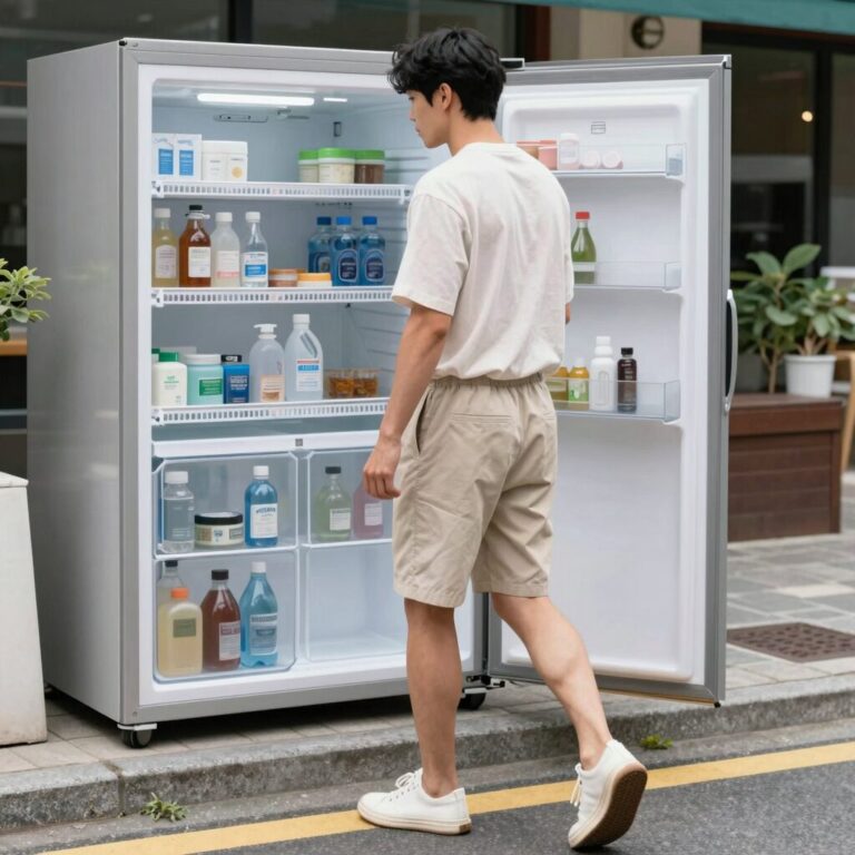 여름철 시원한 냉장고 바지를 입은 남성이 밝은 베이지색 와이드핏 바지를 입고 거리를 걷는 모습