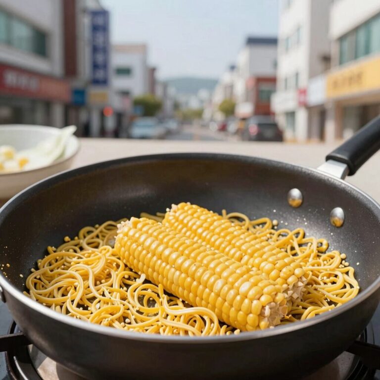 프라이팬에 말린 옥수수 수염을 살짝 볶는 모습
