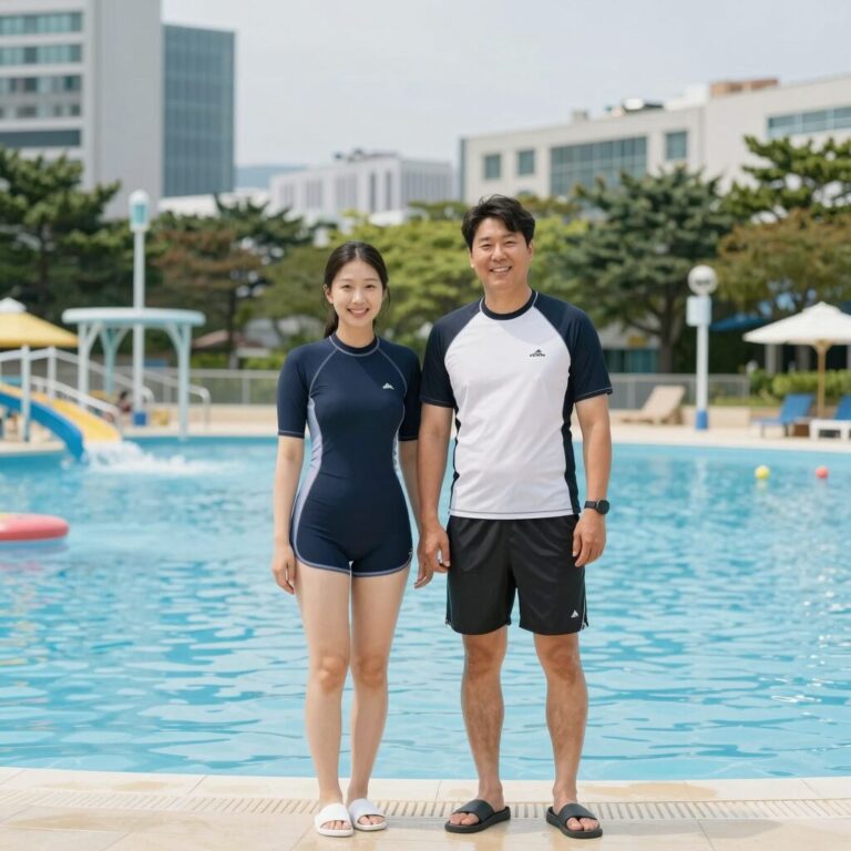 루즈핏 커플 래쉬가드를 입은 부부가 워터파크에서 포즈를 취한 모습