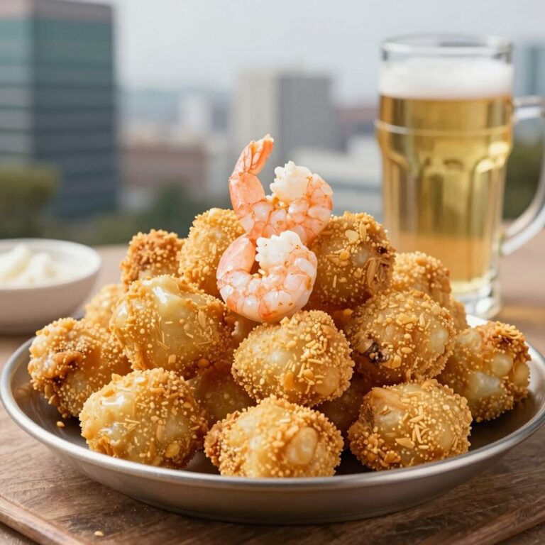 바삭한 감자튀김과 새우칩, 치킨너겟이 담긴 맥주 안주 접시