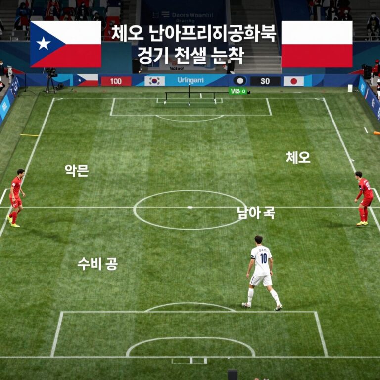 체코와 남아프리카공화국 경기의 전술 분석 다이어그램으로 체코의 역습 루트와 남아공의 수비 약점을 표시한 그래픽