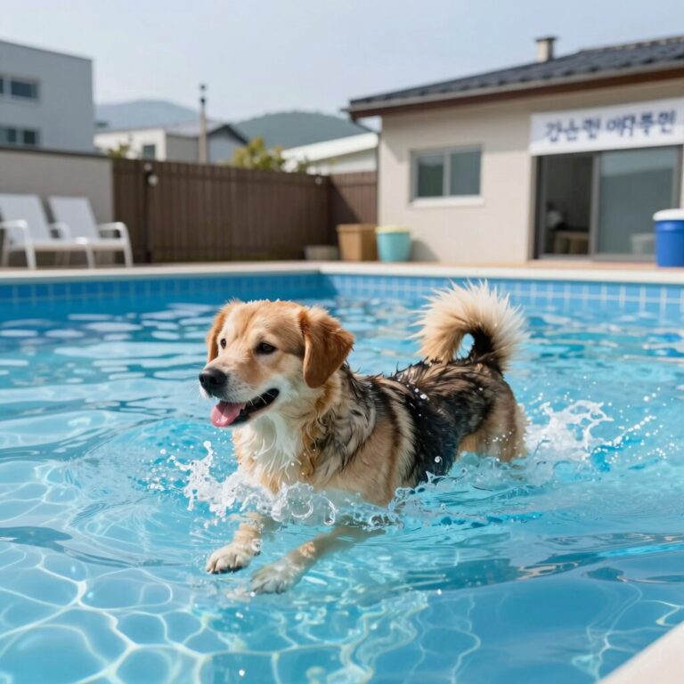 가평 담담채 애견동반 펜션 전용 수영장에서 강아지가 물놀이 하는 모습