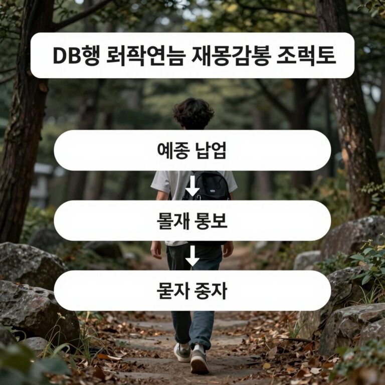 DB형 퇴직연금 재정검증 절차를 단계별로 정리한 흐름도. 예측, 납입, 확정, 결과 통보, 조치 순서로 구성됨.