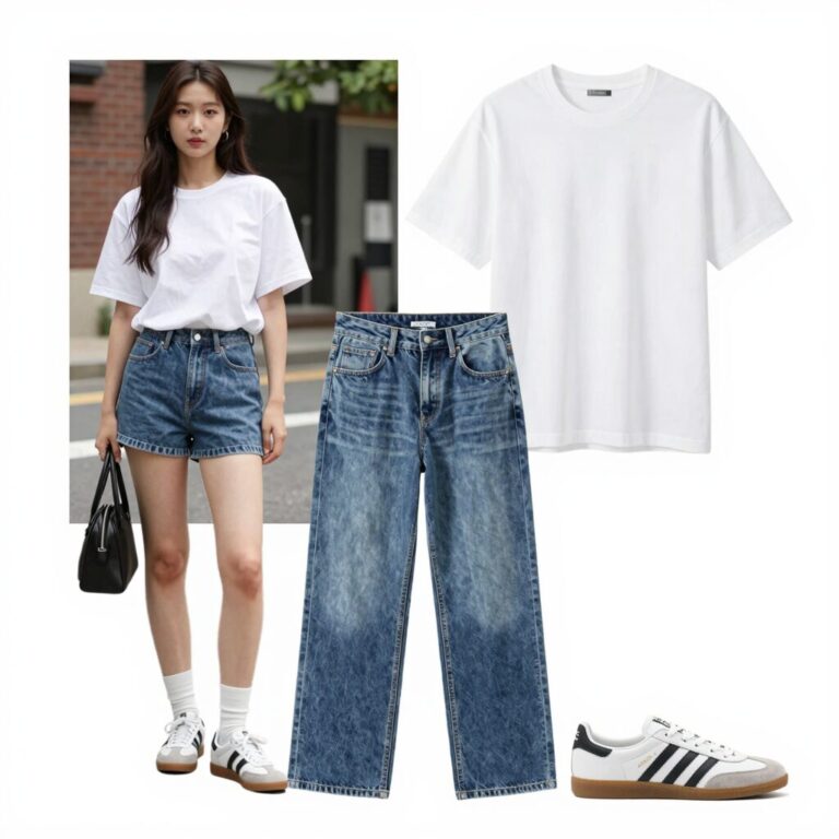 여름 데님 멜빵 반바지 화이트 티셔츠 코디 예시