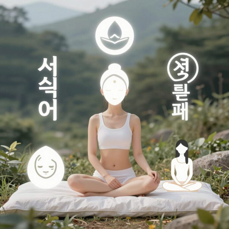피부 4부 요인을 상징하는 아이콘 이미지로, 식사, 침대, 명상, 스킨케어 제품이 조화를 이루고 있다