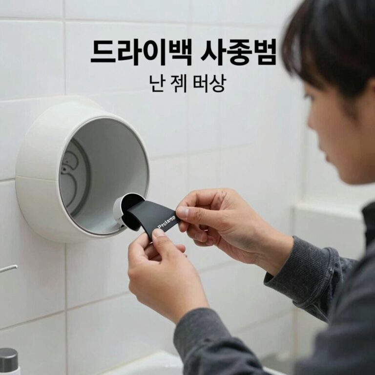 드라이백 사용법을 단계별로 설명하는 이미지: 물건을 넣고 입구를 말아 버클을 채우는 과정