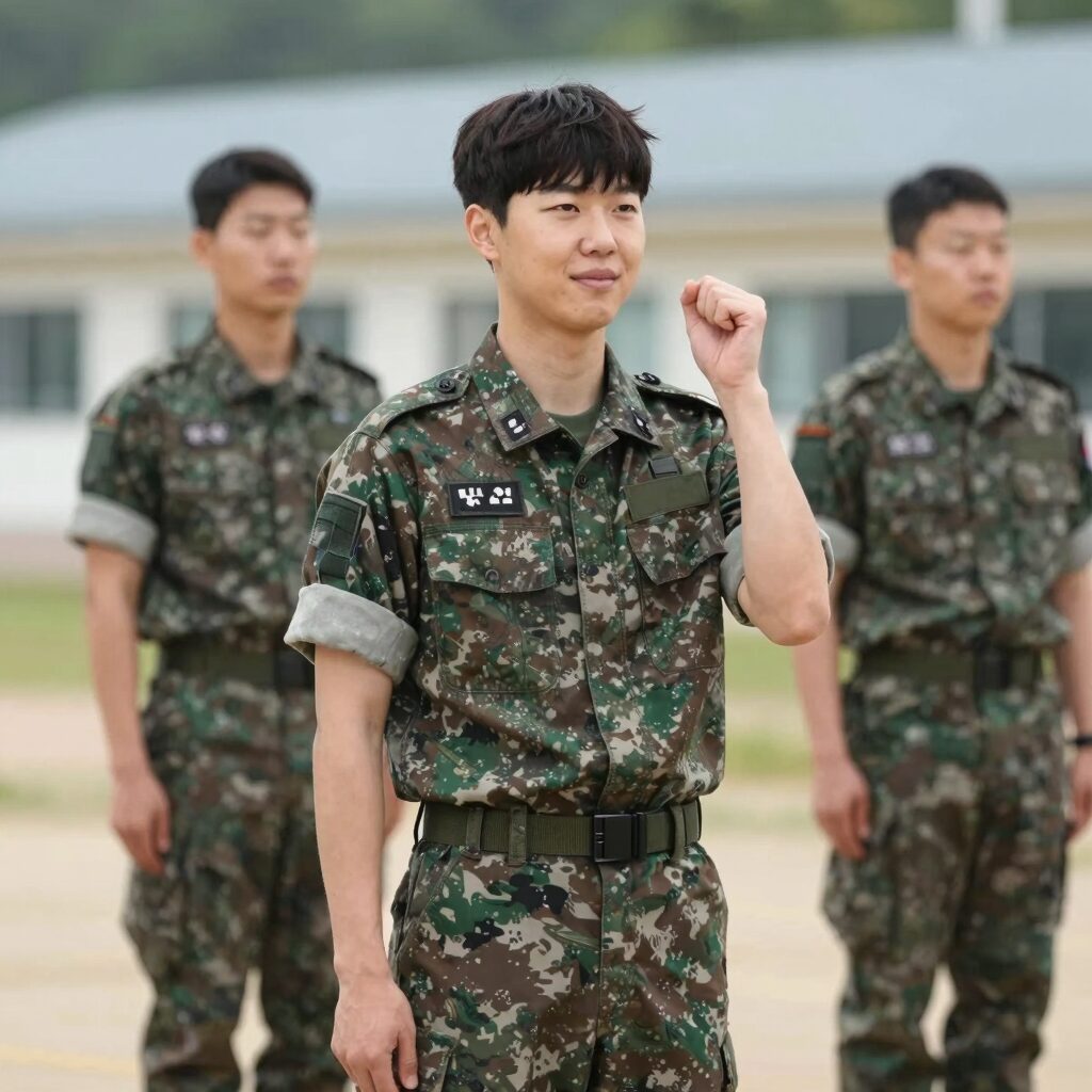 페이커 이상혁이 군복을 입고 기초군사훈련을 받으며 미소 짓는 모습, 배경은 육군훈련소 내 야외 훈련장