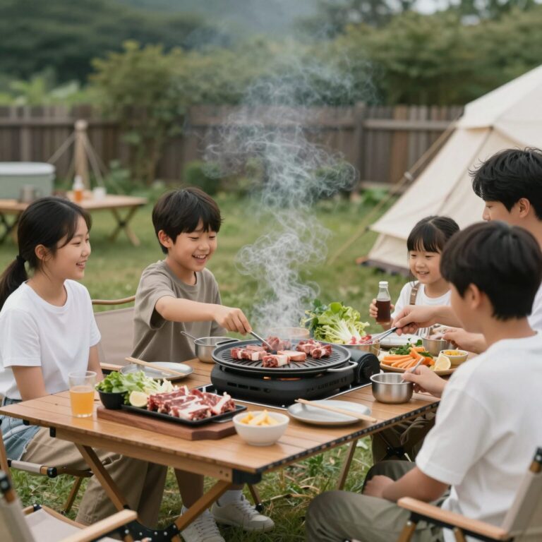 가족이 펜션 테라스에서 바비큐를 즐기는 모습, 아이가 웃고 있고 고기와 전이 차려진 테이블
