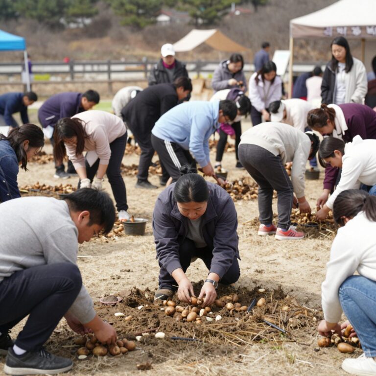 괴산 감자축제 현장에서 사람들이 감자 캐기 체험을 하는 모습