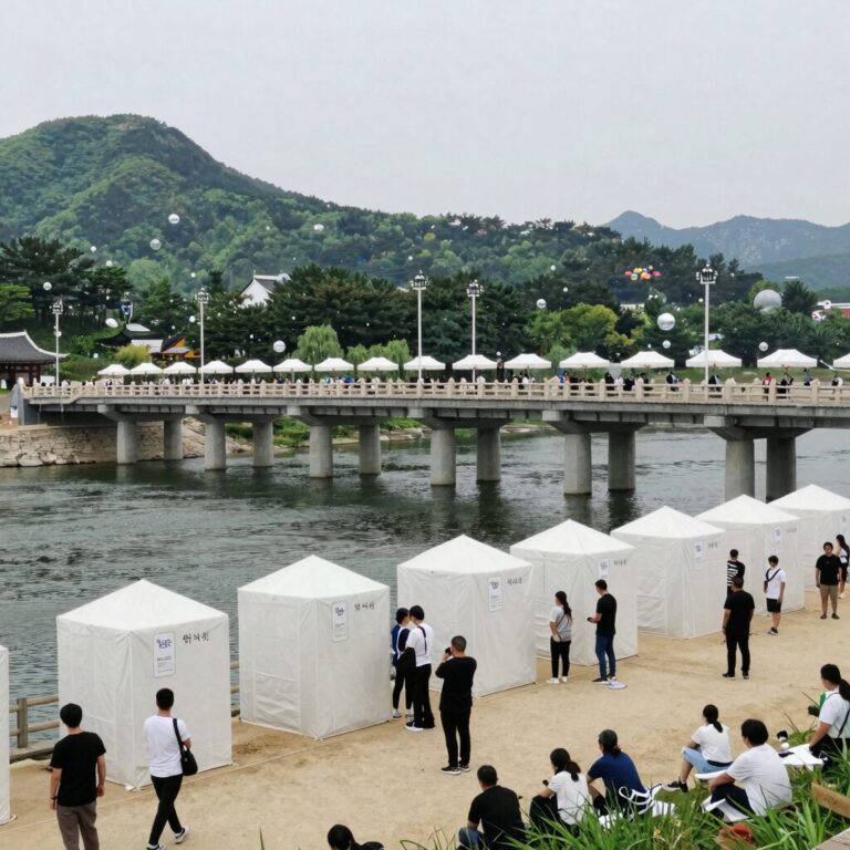 강릉단오제 남대천 행사장 전경, 다리와 강변에 설치된 축제 부스와 관광객들