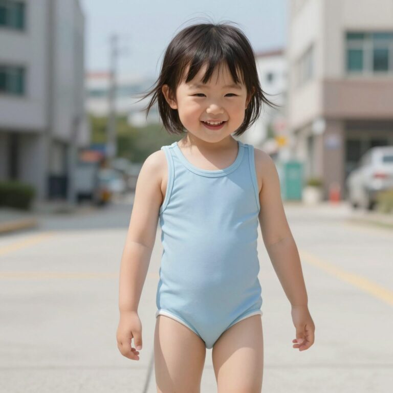 여아 래쉬가드 세트를 입고 웃는 어린이