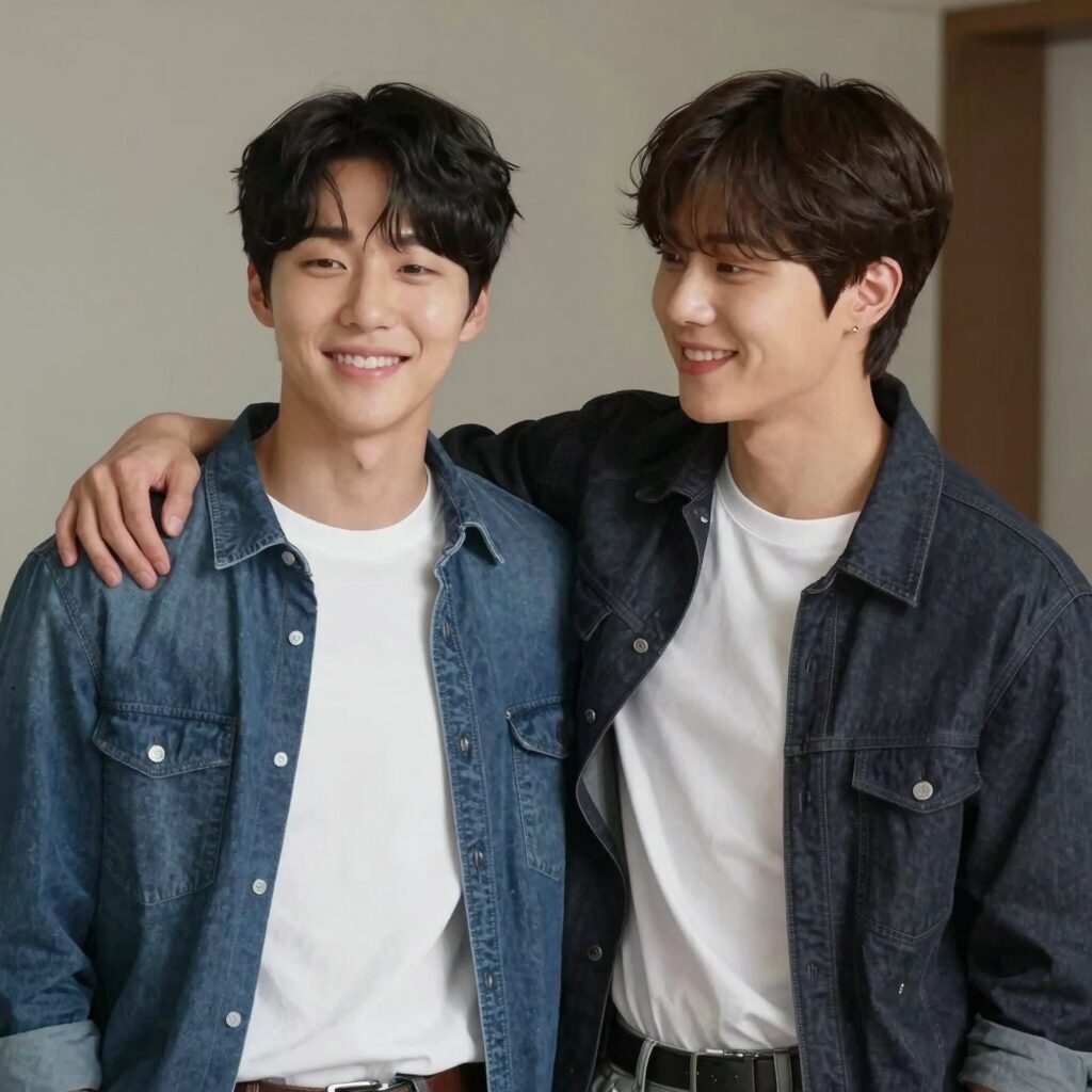 배우 공명과 NCT 도영이 다정하게 어깨동무를 하고 웃고 있는 사진. 두 사람은 훈훈한 형제 비주얼을 자랑한다.
