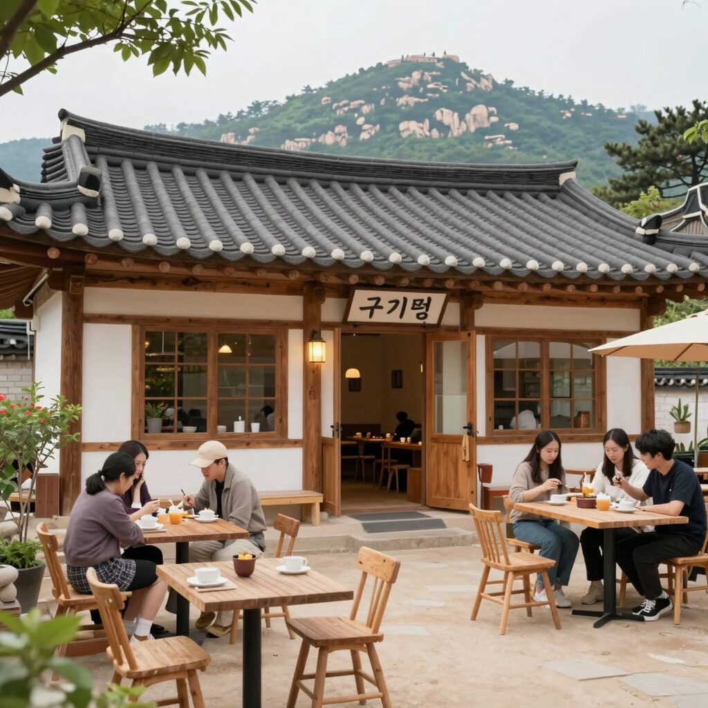 구기동 프렌즈 촬영지 카페 외관과 북한산 배경