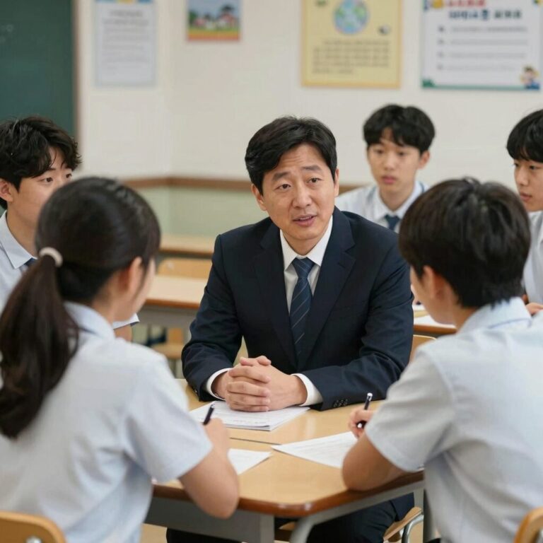 경기도 교육감 당선자가 학교에서 학생들과 대화하는 모습