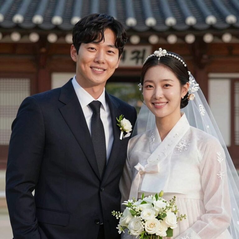 배우 한채아와 남편 차세진이 결혼식에서 찍은 사진. 두 사람이 다정하게 미소를 짓고 있다.