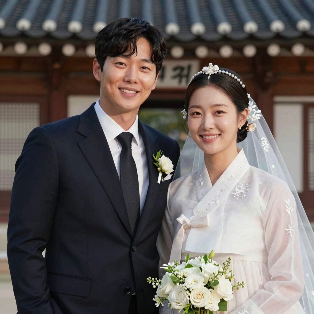 배우 한채아와 남편 차세진이 결혼식에서 찍은 사진. 두 사람이 다정하게 미소를 짓고 있다.