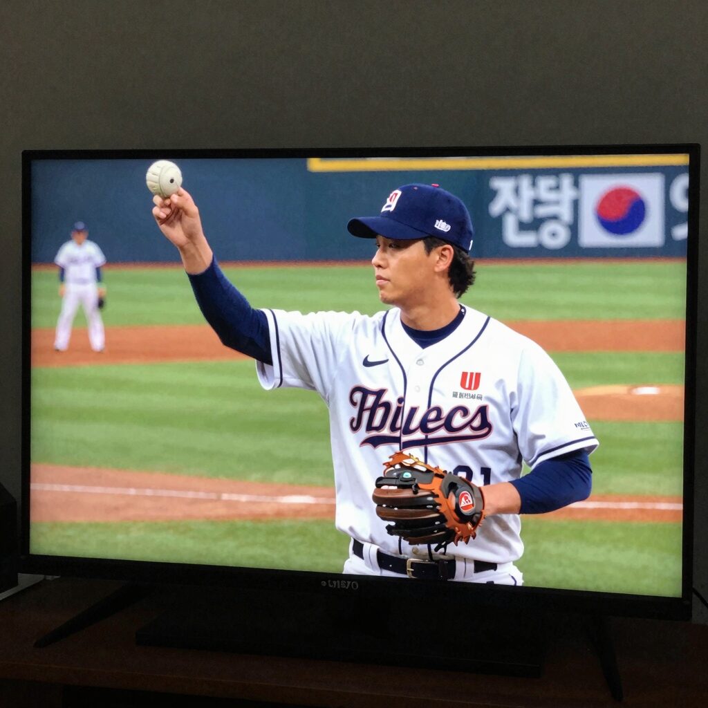 한화 이글스 경기를 TV로 시청하는 모습, 지상파 및 케이블 채널 화면