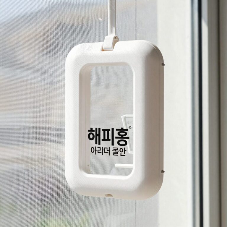 방충망에 부착된 해피홈 에어넷 걸이형 모습. 흰색 플라스틱 케이스가 깔끔하게 고정되어 있고, 주변에 창문과 방충망이 보인다.
