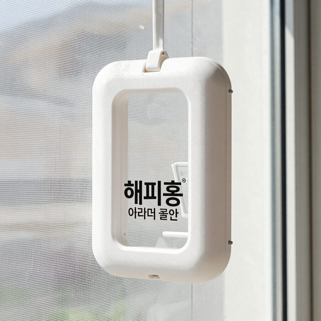 방충망에 부착된 해피홈 에어넷 걸이형 모습. 흰색 플라스틱 케이스가 깔끔하게 고정되어 있고, 주변에 창문과 방충망이 보인다.