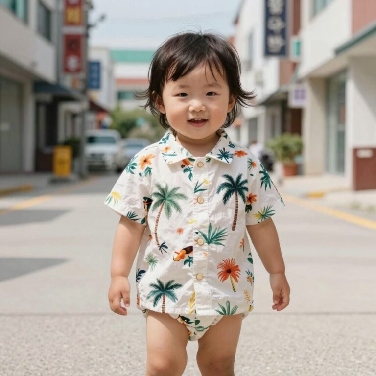 아기가 하와이안 셔츠를 입고 있는 모습