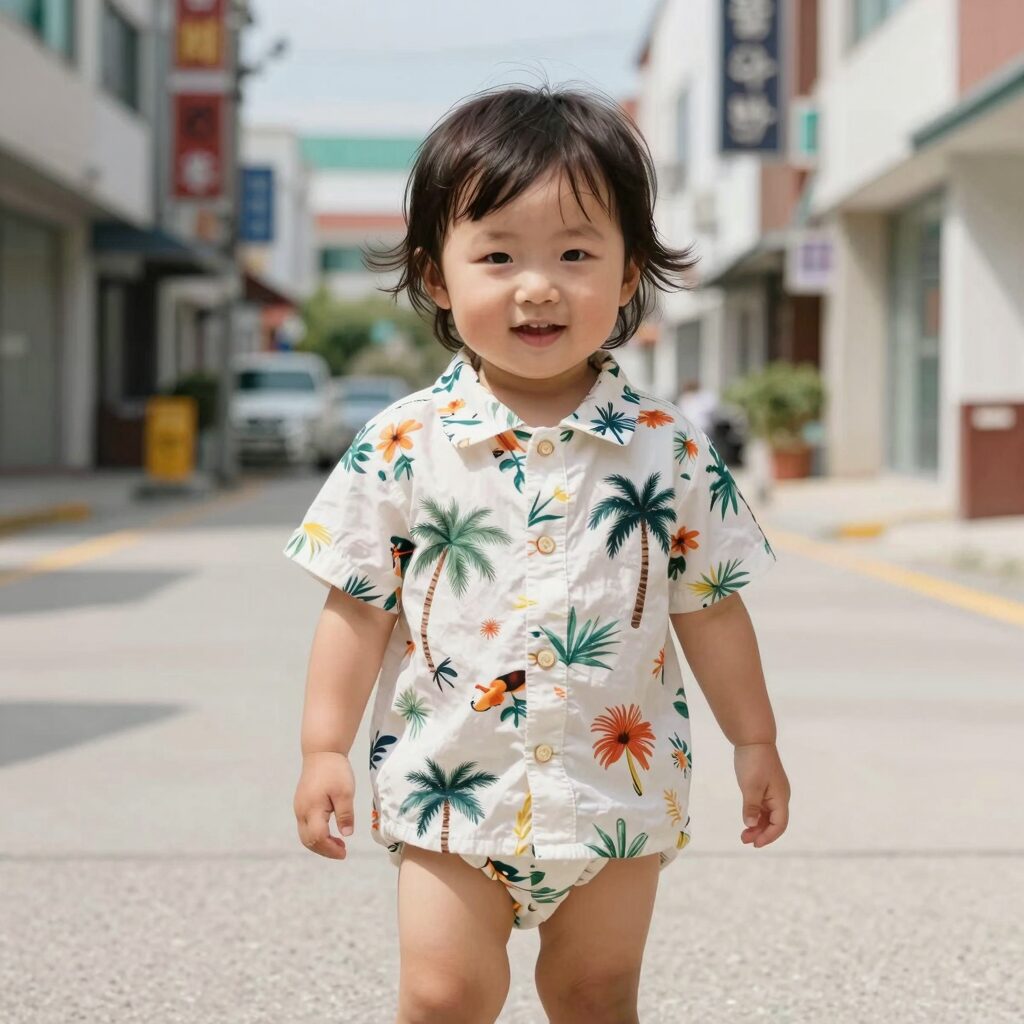 아기가 하와이안 셔츠를 입고 있는 모습