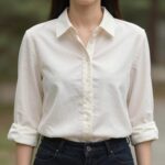 헤지스 레이디스 레이스 면 블라우스 HSSH4C704IV 아이보리 컬러 정면 샷