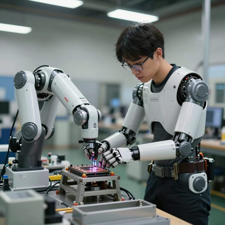 휴머노이드 로봇이 조립 라인에서 작업하는 모습