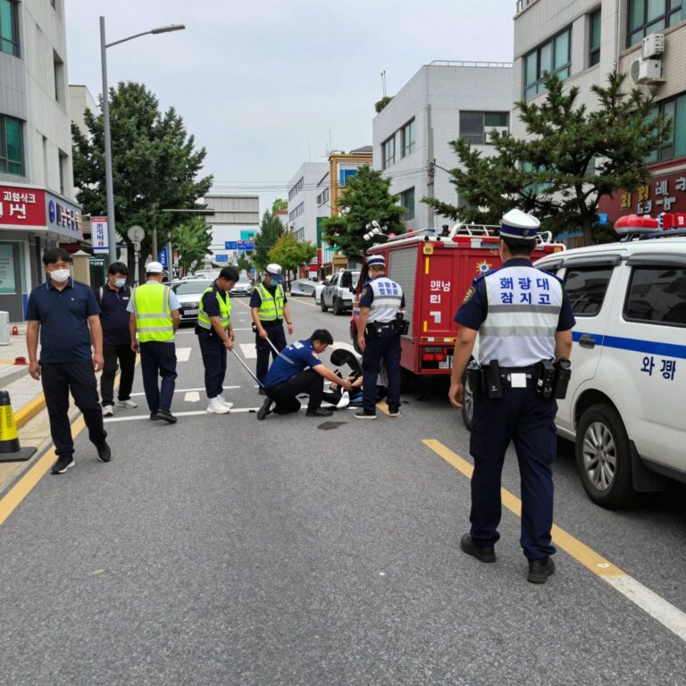화랑대사거리 교통사고 현장, 서울 노원구 구리 방향 도로 통제, 경찰과 소방 구조대가 사고 수습 중인 모습