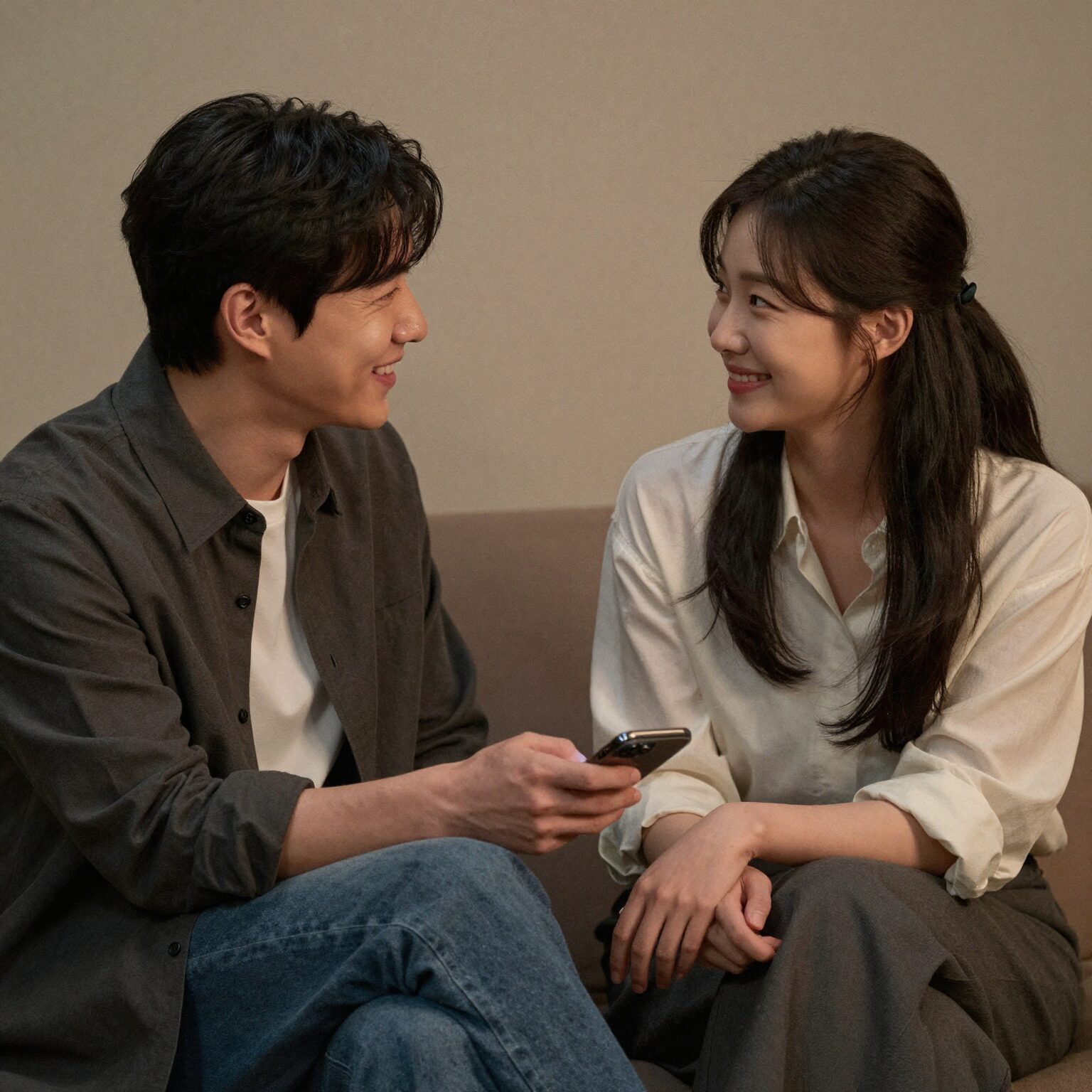 배우자와 대화하며 웃는 커플의 모습