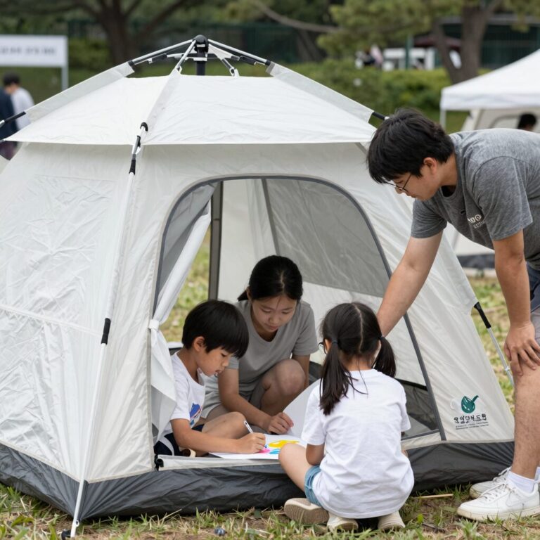 29회 인천바다그리기대회 광성보 현장에서 가족이 설치한 그늘막 텐트와 그림 그리는 아이들 모습
