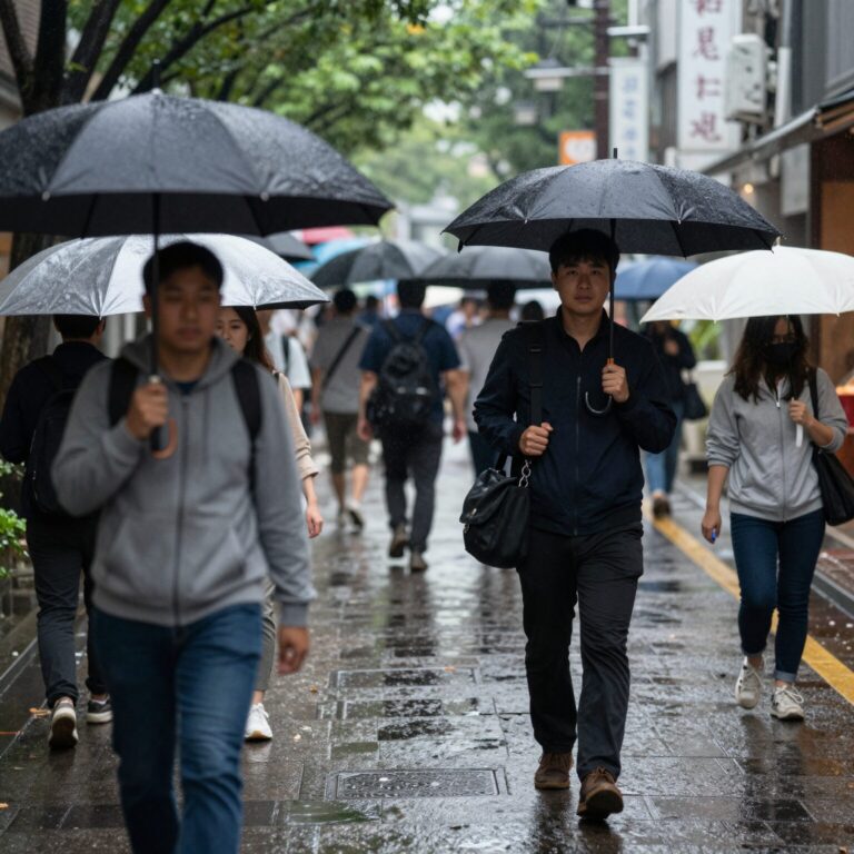 2026년 일본 장마철 도쿄 시내 빗길 풍경과 우산을 든 사람들