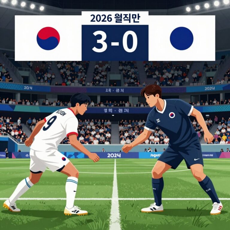 2026 월드컵 일본 대 튀니지 경기 전망 이미지. 두 팀의 선수들이 경기장에서 대결하는 모습을 표현한 일러스트레이션.
