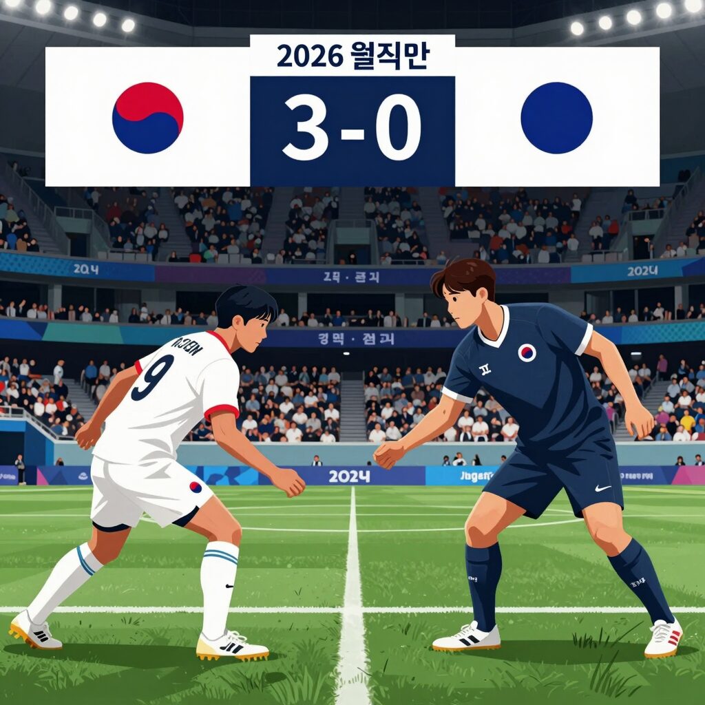 2026 월드컵 일본 대 튀니지 경기 전망 이미지. 두 팀의 선수들이 경기장에서 대결하는 모습을 표현한 일러스트레이션.