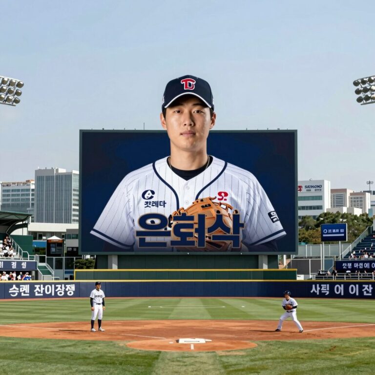 롯데 자이언츠 정훈 선수의 은퇴식 포스터와 사직야구장 전광판 모습