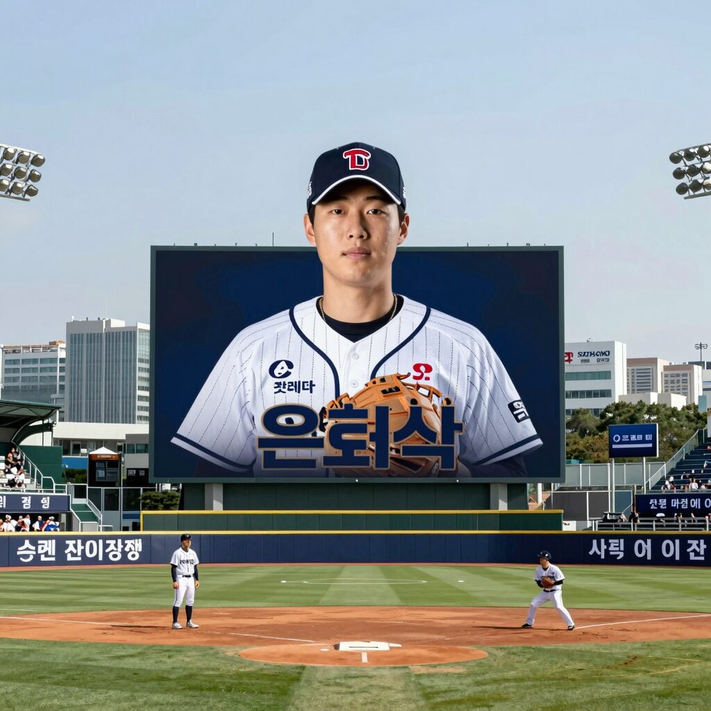 롯데 자이언츠 정훈 선수의 은퇴식 포스터와 사직야구장 전광판 모습