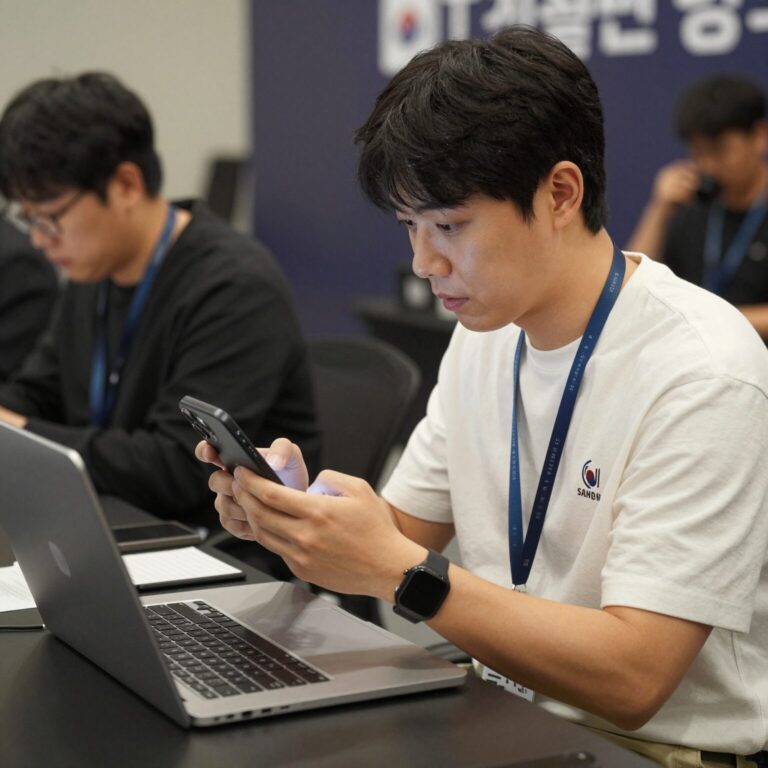 조승원 기자가 IT 컨퍼런스에서 취재하는 동안 스마트폰과 노트북을 활용해 현장 정보를 기록하고 있다.