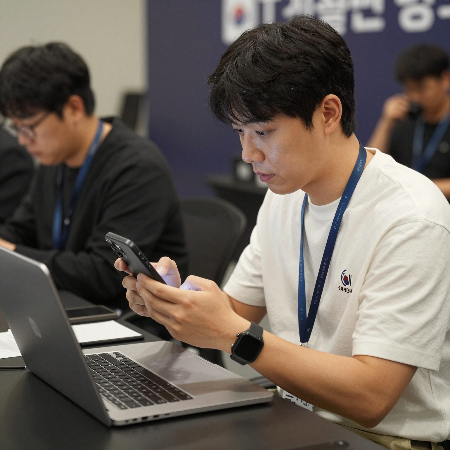 조승원 기자가 IT 컨퍼런스에서 취재하는 동안 스마트폰과 노트북을 활용해 현장 정보를 기록하고 있다.