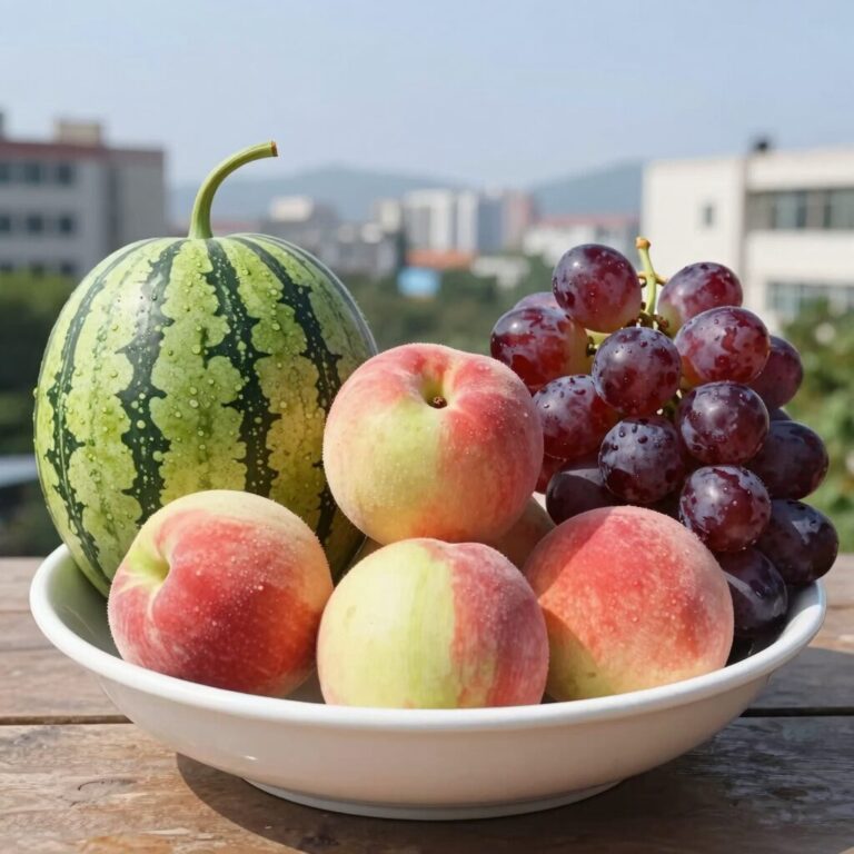 7월 제철 과일인 수박 참외 복숭아 자두 포도가 담긴 그릇